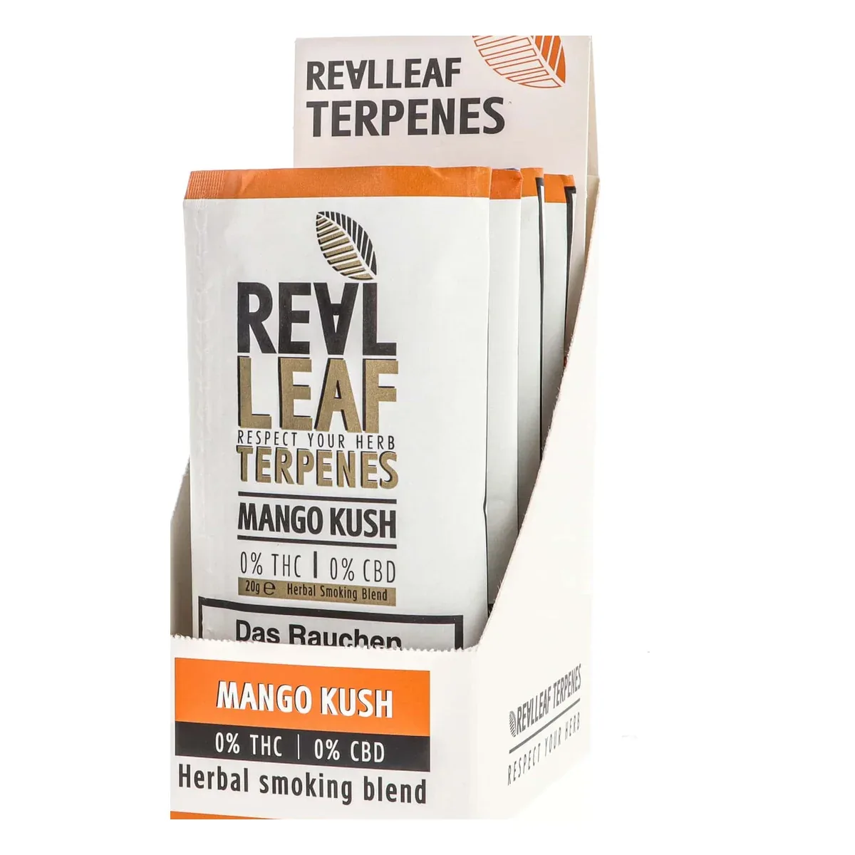 Real Leaf Terpenes Mango Kush Display mit einzelnen Beuteln