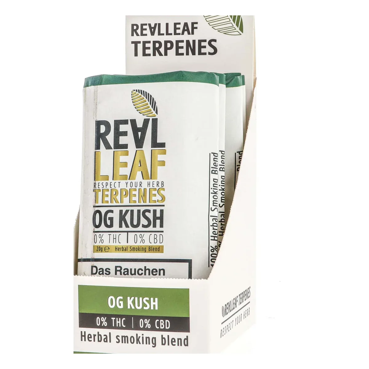 Real Leaf Terpenes OG Kush Display mit einzelnen Beuteln