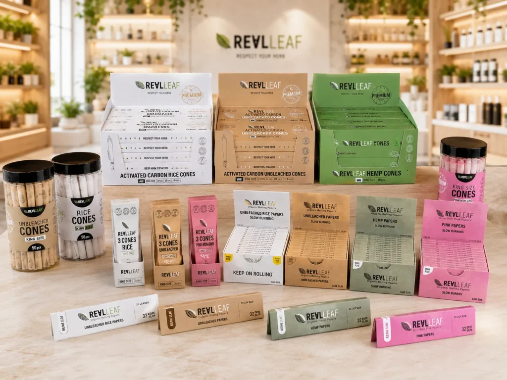 Das heutige Real Leaf Sortiment: Cones, Papers und Dosen im Laden