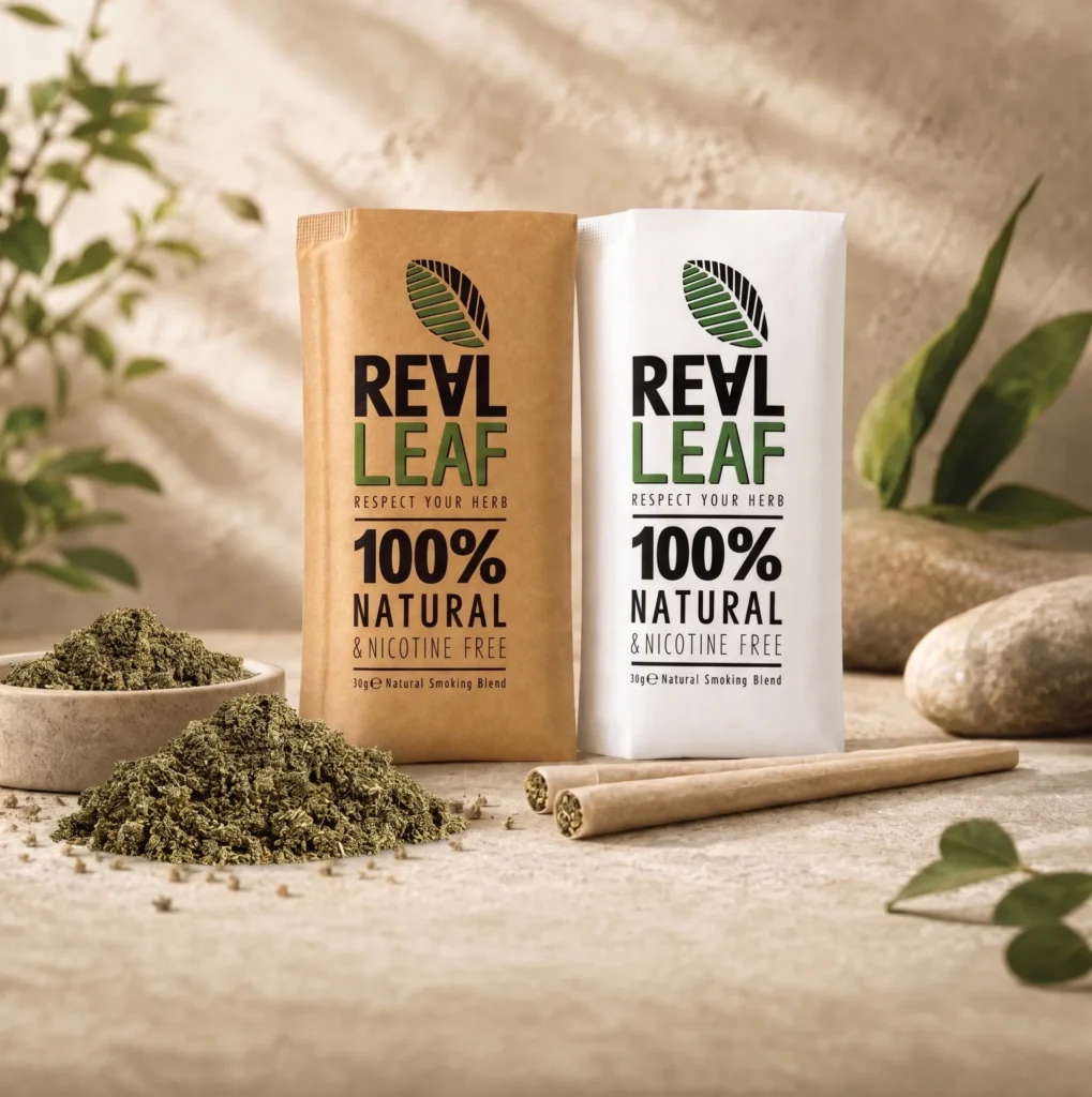 Zwei Real Leaf Kräutermischungs-Beutel mit Kräuterschale und zwei gedrehten Cones